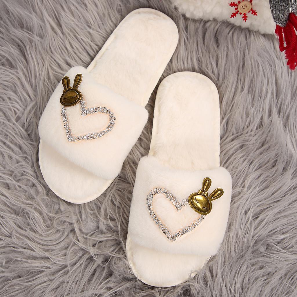 Теплые пушистые тапочки женские толстые пушистые меховые тапочки с сердечками кролика зимние домашние шлепанцы домашние тапочки плоские тапочки для дома