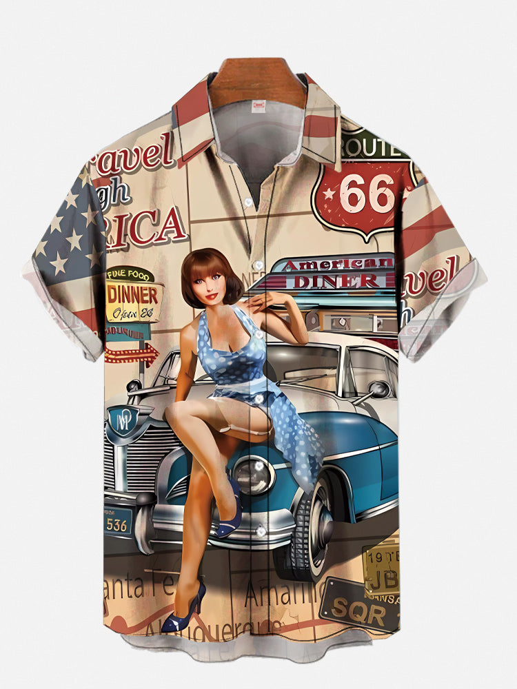 Винтажный Автомобильный Постер 1970-х-1980-х годов Гавайский Пляж Ковбойская Печать Рубашка с Коротким Рукавом Модная Ретро Гавайская Рубашка для Мужчин Харадзюку