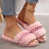 Fashion Rhinestone Fluffy House Slippers for Women 2025 Winter Warm Faux Fur Flat Slides Woman Open Toe One Strap Plush Slippers