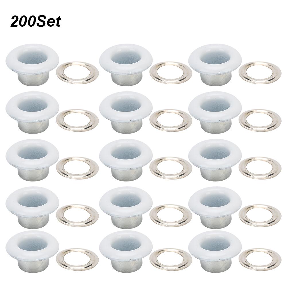 200 Sets Eyelet Buckle Metallic Grommet Shoes Leather Bags DIY Craft Button Rivet Tool 6mmWhite