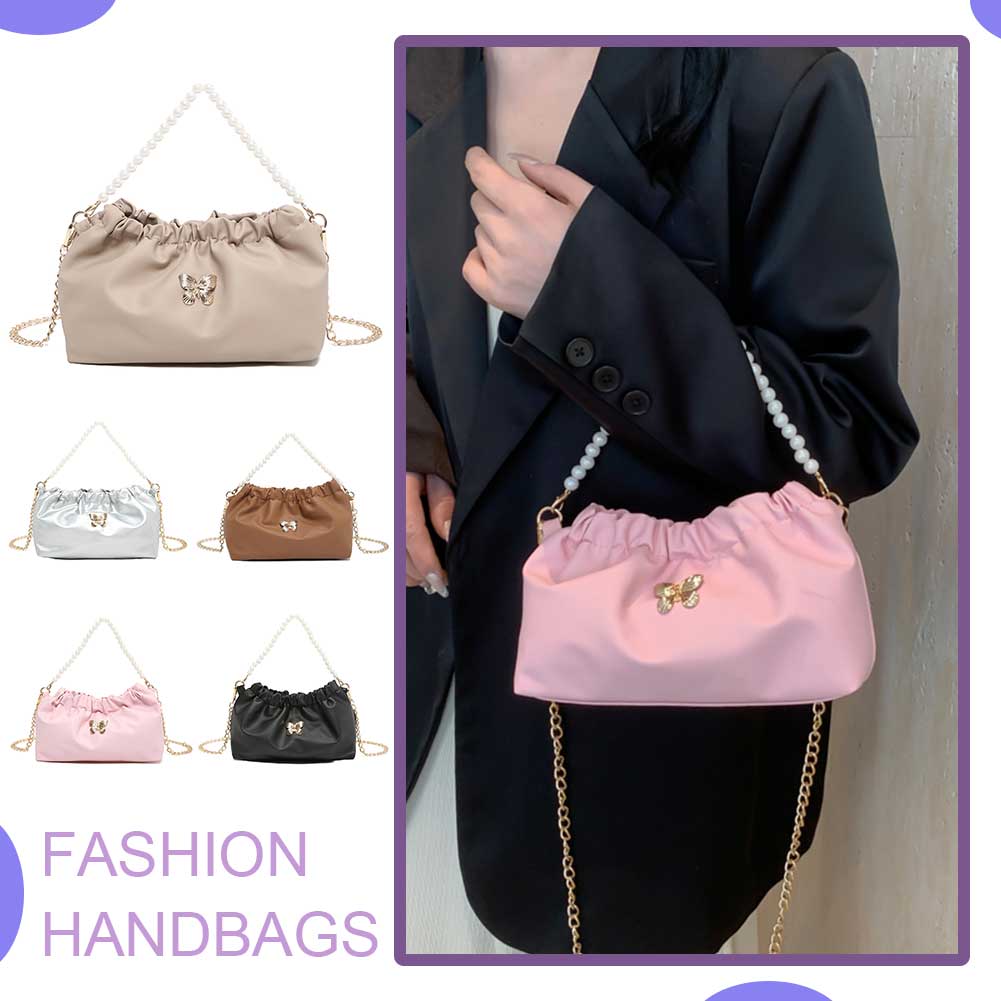 Женская сумка-бабочка из искусственной кожи, плиссированная сумка-тоут с жемчугом и цепочкой, элегантная сумка, большая вместительная однотонная сумка для вечеринки и отдыха