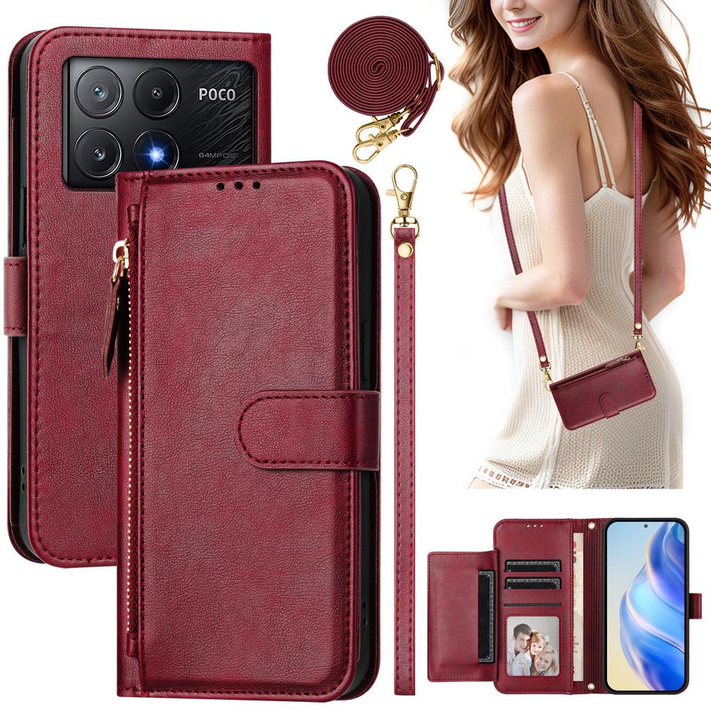 Кошелек-сумка через плечо на молнии с отделениями для карт, кожаный чехол для Xiaomi POCO X7 Pro X6 F7 Ultra, многофункциональная сумка, длинный ремешок, карман, подставка, крышка