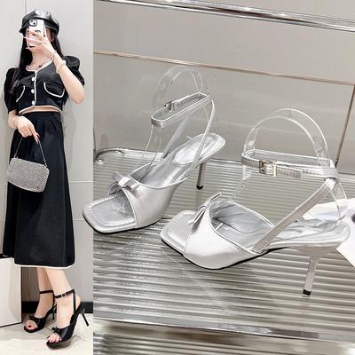 Французский милый бант квадратный носок открытый носок тонкий каблук крутые тапочки 2025 лето элегантный сказочный стиль высокие каблуки уличная обувь