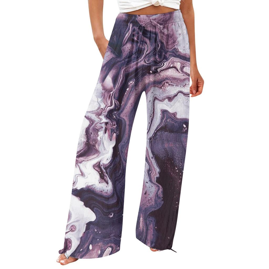 Брюки для женщин. Летние струящиеся брюки с высокой талией и широкими штанинами с принтом. Повседневные брюки.