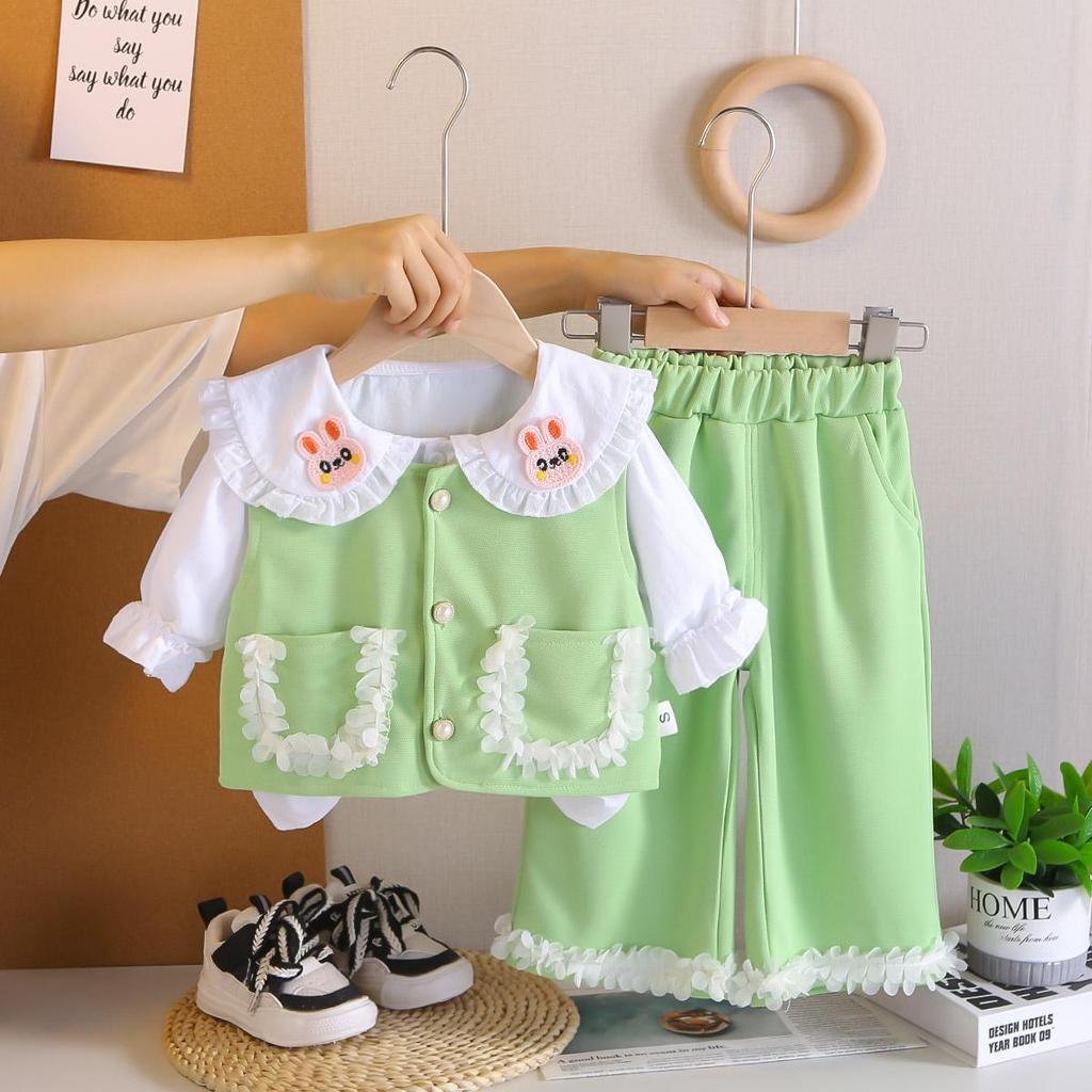 Girls' Long Sleeved 3-piece Set, Cute Lace Vest for Girls Aged 0-5+lapel Shirt+matching Long Pants Set, High-quality Clothes