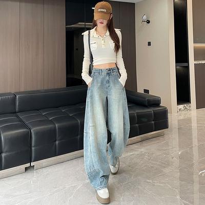 Ретро Свободные Весенние Новые Джинсы Широкие Штанины для Женщин с Высокой Посадкой Прямые Стройнящие Брюки-Палаццо
