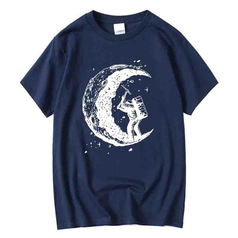 Summer Men's High-quality 100% Cotton Moon Astronaut Print Casual Round Neck Short Sleeved Loose and Soft Street T-shirt