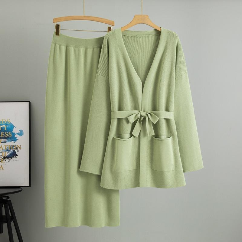 Плюс размер женская весенняя новая V-образная горловина свободная трикотажная юбка стильный кардиган комплект из двух предметов