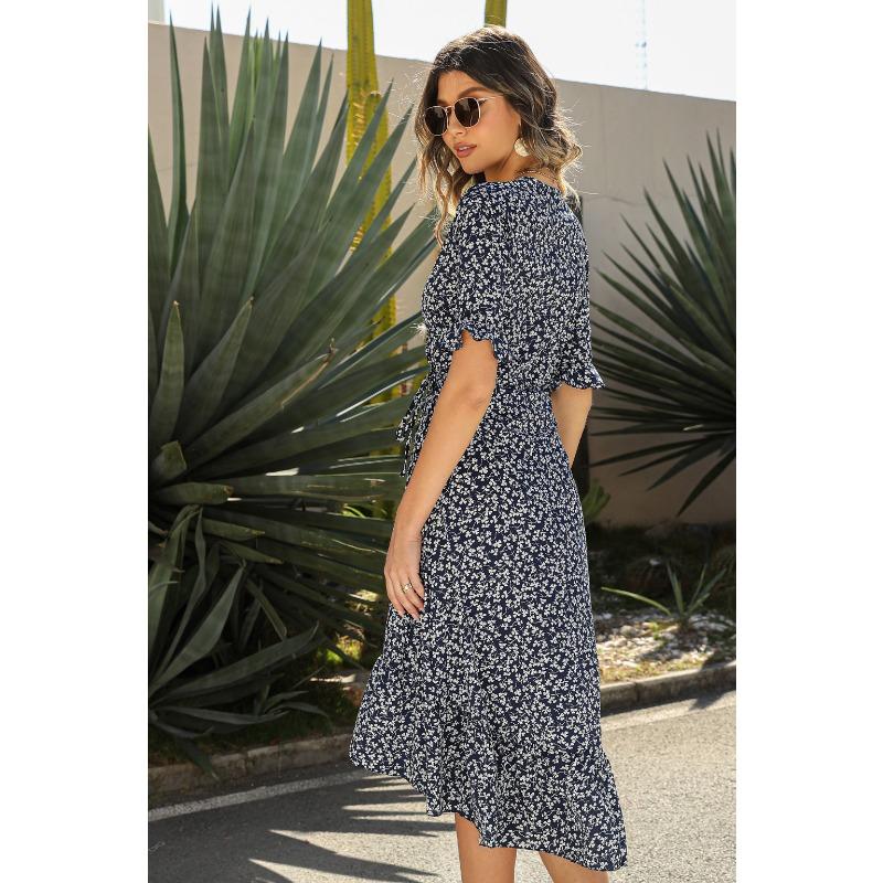 YYFS Женская мода лето весна цветочный узор принт с коротким рукавом V-образным вырезом с высокой талией повседневные платья