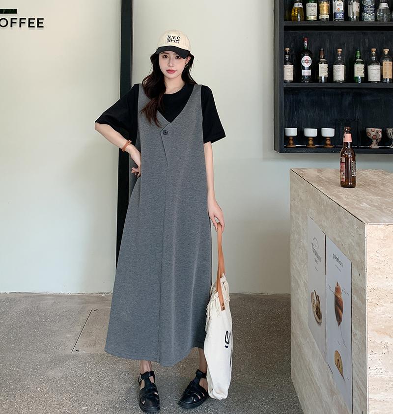 Dimanaf 2023 Plus Size Summer T-Shirt Dress Women Cotton Loose Dress O-Neck Vintage Fake Two-Piece Dress Short Sleeves Loose Casual Female Dresses