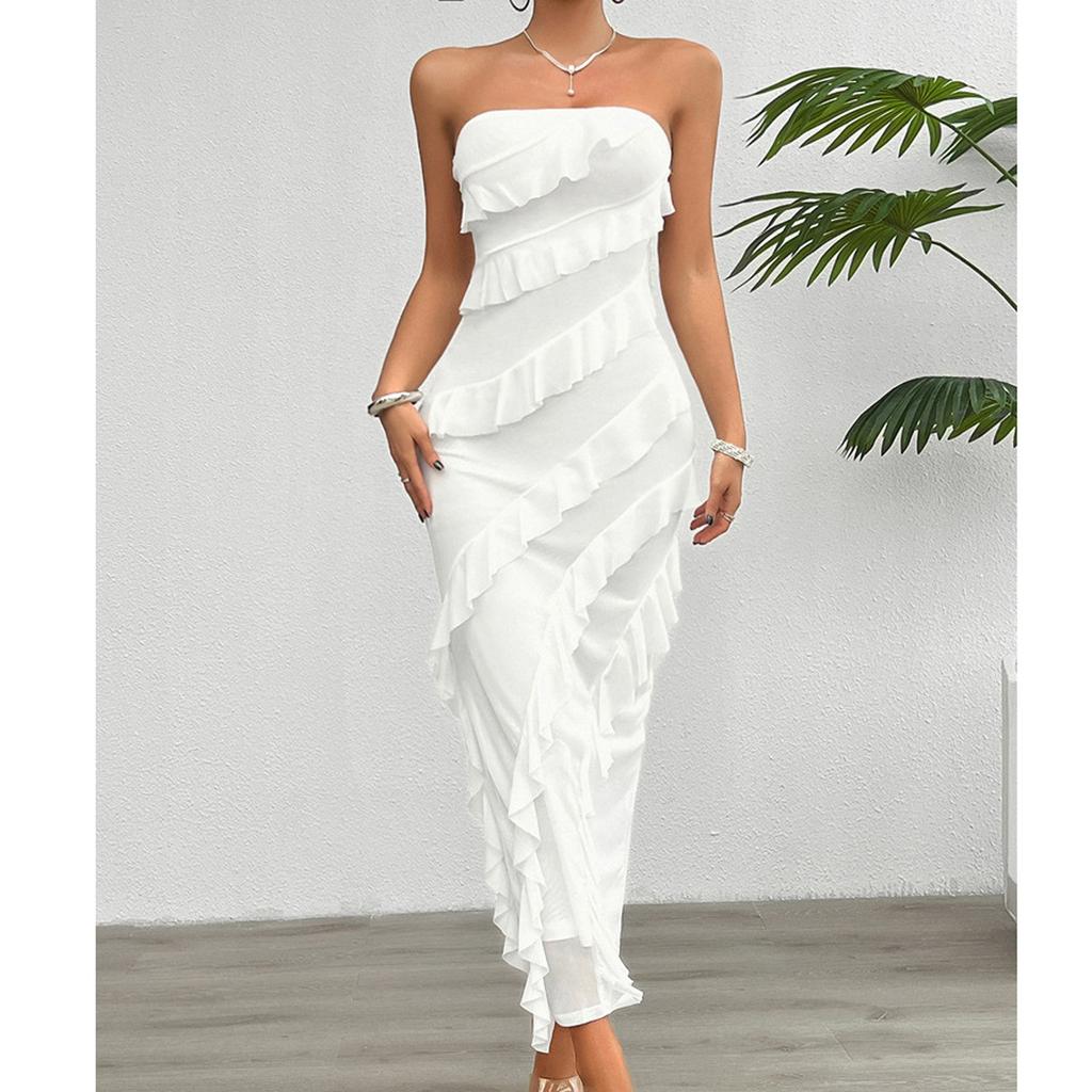 Women's Loose Solid Color Bag Buttocks Solid Color Slim Fit Strapless Dress Fit Strapless Dress