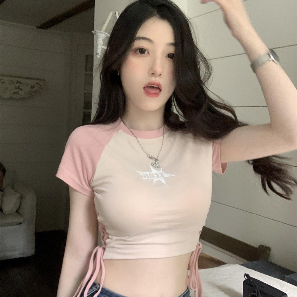 Розовый обтягивающий укороченный топ с вырезом на талии, футболка с короткими рукавами, летняя женская танцевальная одежда, сексуальный универсальный пуловер