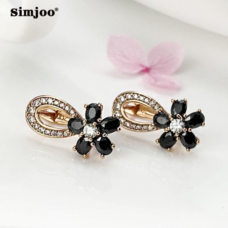 SIMJOO серьги из розового золота, женские модные серьги с цветком и черным цирконом