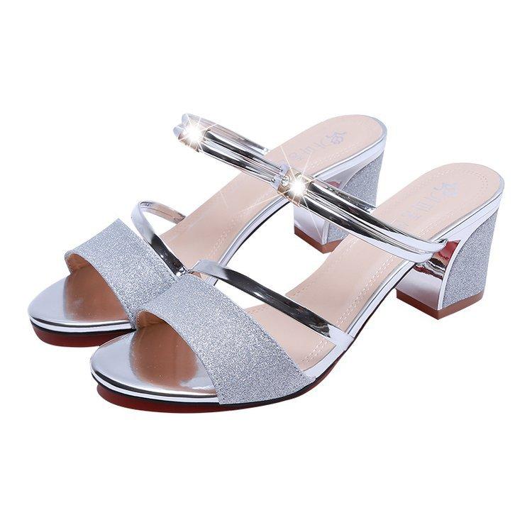 Fashion Sandals for Women with Thick Heels and High Heels 2025 Summer New Korean Version Women's Shoes Fashionable Rhinestone Women's