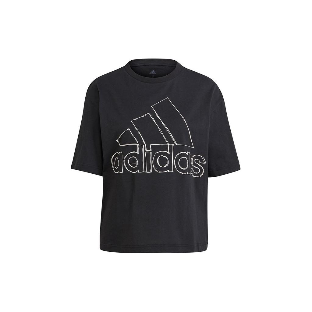 Adidas Футболка с коротким рукавом и заниженной линией плеч, женская, черная, с принтом большого логотипа GV5174