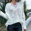 Autumn Thin Lace Patchwork White Knitted Sweater Women Tops Long Sleeve V Neck Hollow Out Pullover Sweaters Female Casual Loose Knitwears Jumper 24737