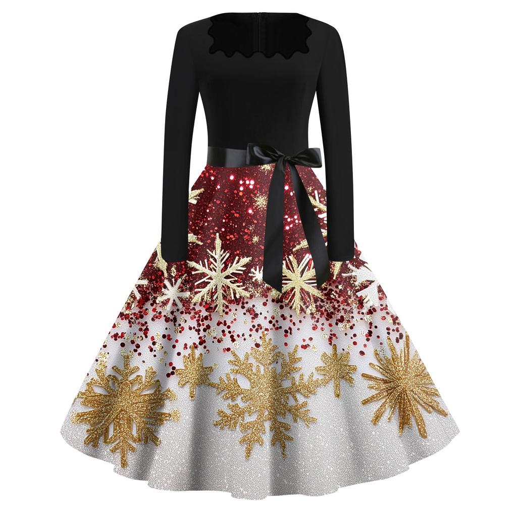 Women's Fashion Casual Square Neck Slim Christmas Printed Long Sleeve Dresses