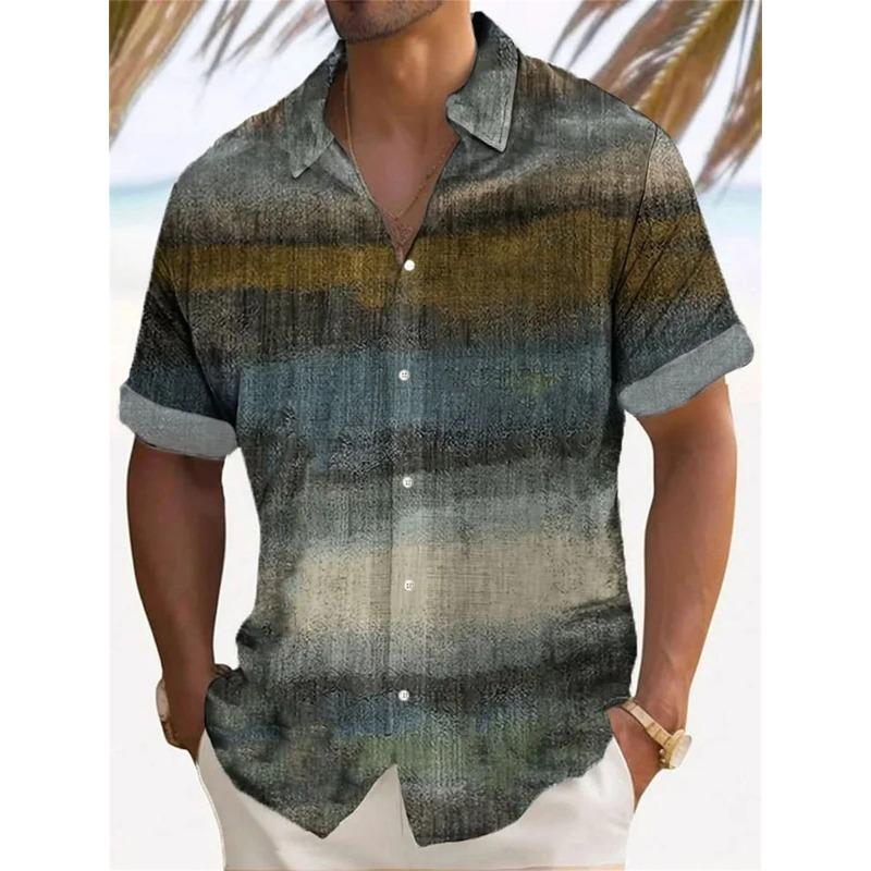 Летняя мужская рубашка с ретро-градиентной текстурой и 3D-принтом, однобортная рубашка с короткими рукавами, гавайская рубашка