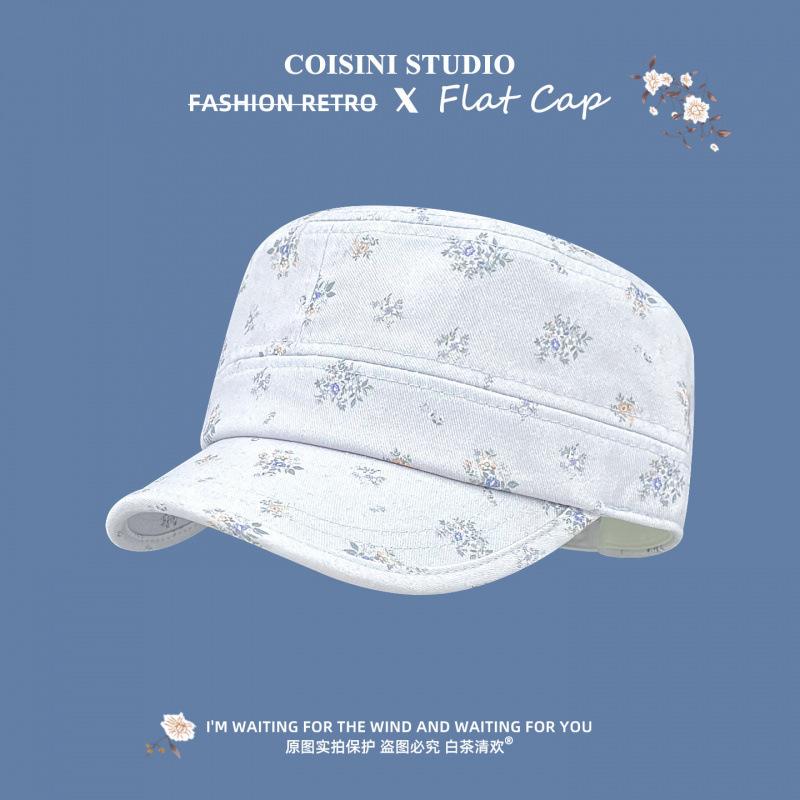 Retro floral flat top cap women's spring and summer new fashionable versatile face small fresh travel equestrian hat