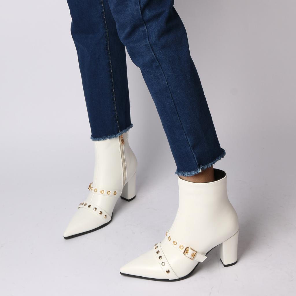 FOREADA Женские ботильоны с острым носком, на массивном высоком каблуке, с пряжкой, заклепками и молнией, лаконичные короткие ботинки, модная женская обувь, осень-зима 46