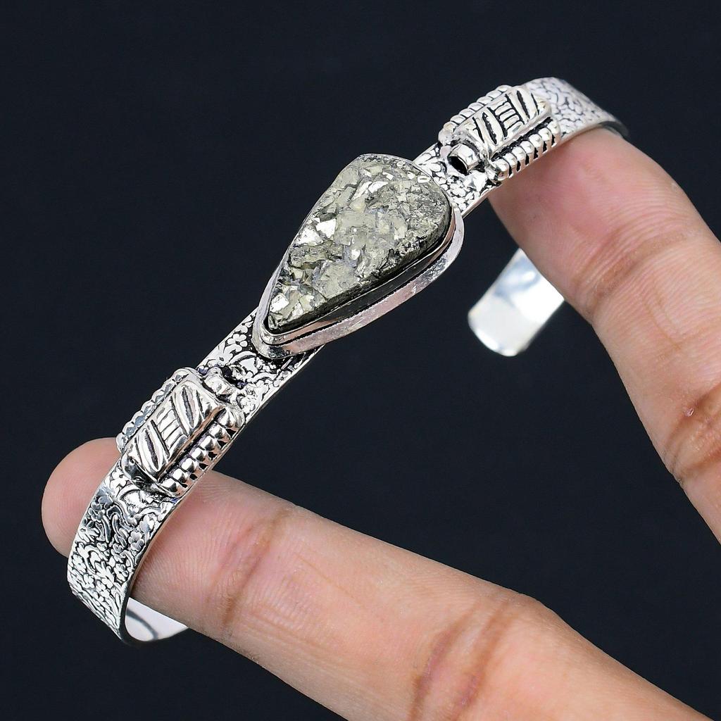 Natural Pyrite Druzy Gemstone Bangle Adjustable 925 Sterling Silver For Women
