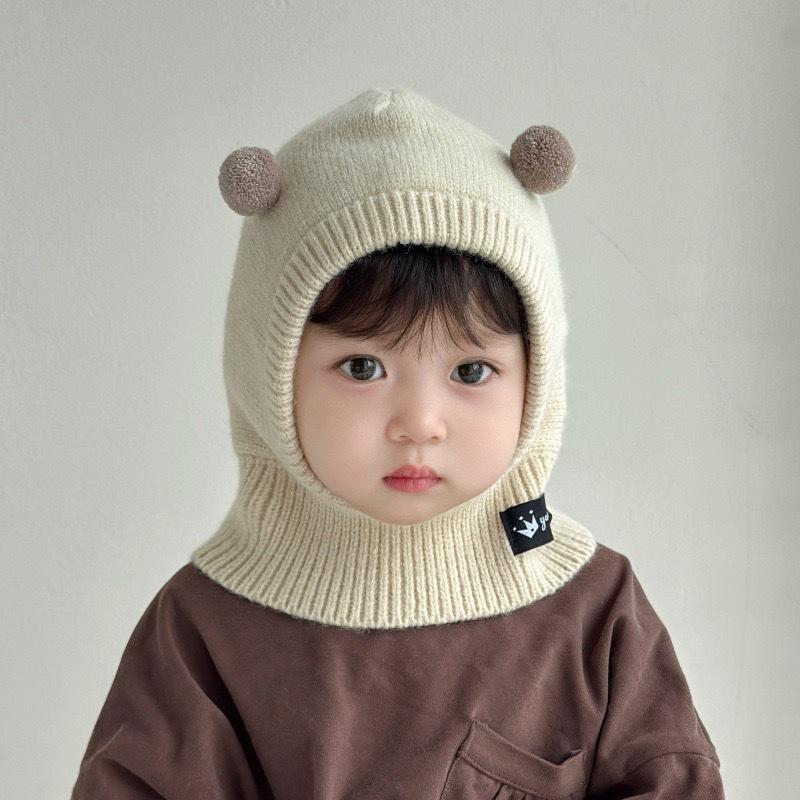 Детский шарф-шапка цельный вязаный колпак теплый милый с двойными помпонами детские шапки для защиты ушей корейские для мальчиков и девочек детская ветрозащитная шапка