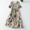 High-end Floral Cotton and Linen Dress for Women's 2025 Summer New Large-size Belly-covering V-neck Short-sleeved Printed Long Dress
