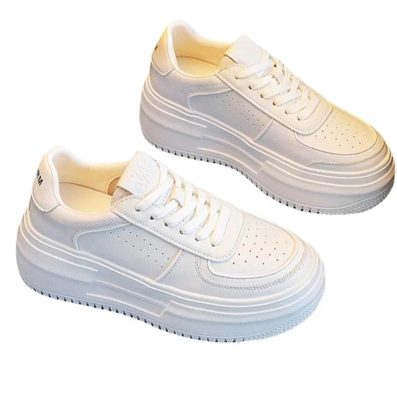 2024 New Leather Women's White Casual Woman Vulcanize Sneakers Breathable Sport Walking Running Platform Flats Shoes
