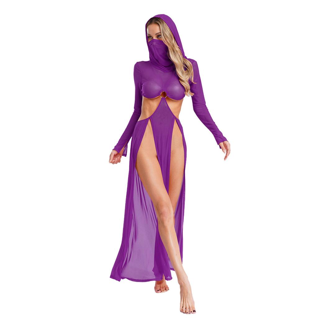 Fashion Women Sheer Dress Maxi Hollow Out Mesh Coverup with Long Sleeves Hooded Mask and High Slit, Sexy Party Club Wear