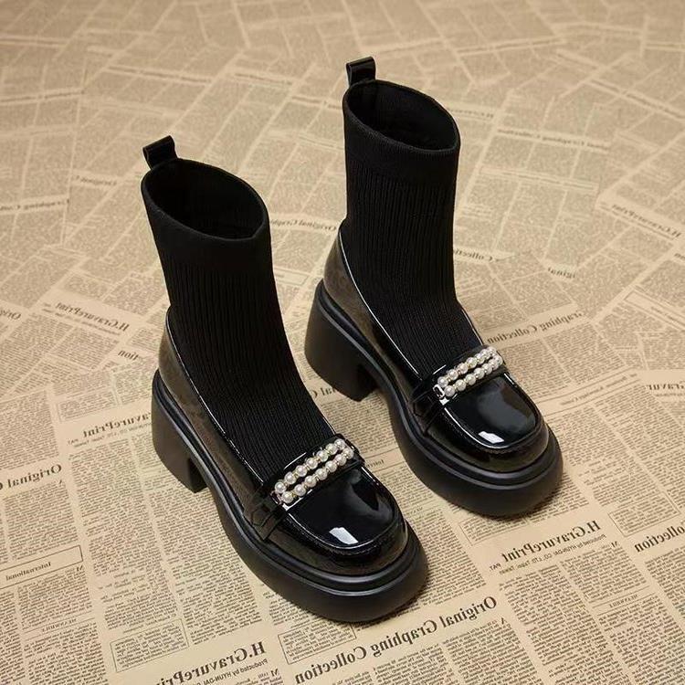 Ботинки Martin на толстой подошве женские тонкие сапоги на высоком каблуке с жемчужным узором сапоги на толстом каблуке с эластичной резинкой осенняя и зимняя одежда мода и досуг