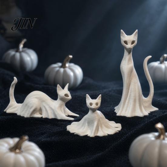 Unique Spooky Cat Display 3D Printed Ghost Statues, Halloween Haunted Kitten Figurines with Hollow Eyes Durable Statue & Flowing Drapes, Matte