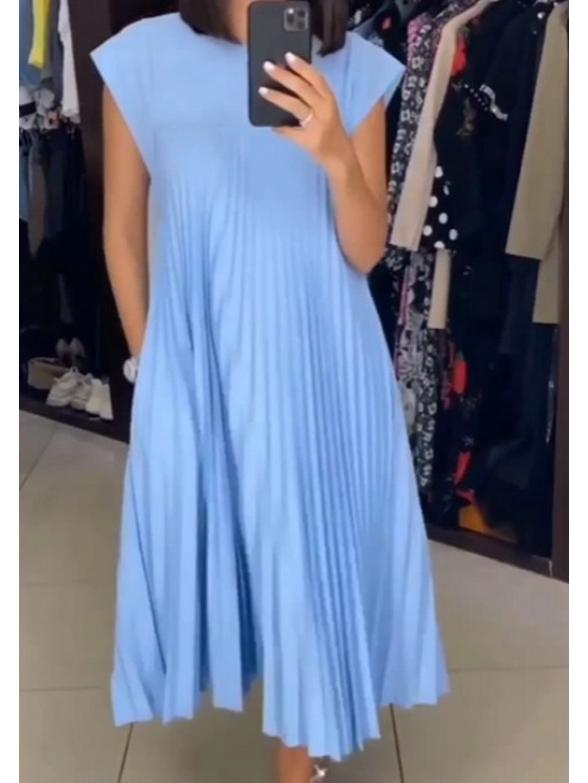 2023 Осень/Зима Европейская и Американская Мода Платье с Круглым Вырезом без Рукавов Плиссированное для Женщин