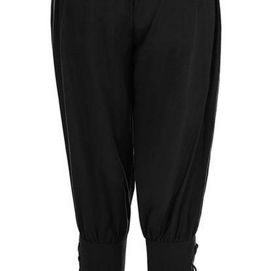 Men Pants Medieval Pirate Ankle-banded Lace-up Strap Elastic Waist Pleated Loose Solid Color Cropped Trousers Cosplay Performance Costume