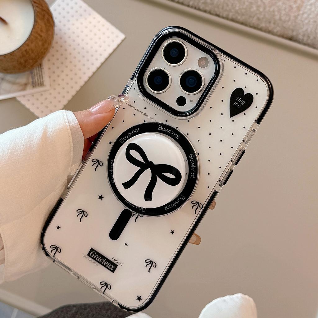 Polka Dot Bow Magnetic Holder for IPhone16 Phone Case 17Promax Transparent 13 Premium 12 Anti-fall
