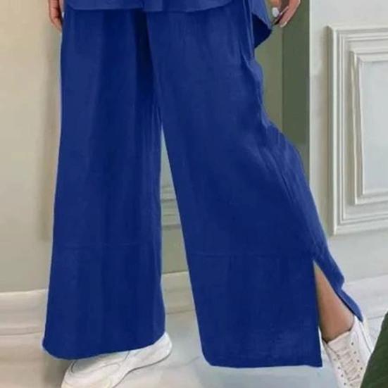 Женский комплект из хлопка и льна из двух предметов: рубашка на пуговицах с рукавом 3/4 и брюки с широкими штанинами и разрезом. Повседневный свободный домашний костюм.