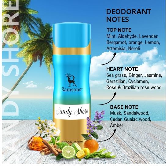 Ramsons - SANDY SHORE Deodorant Spray | 200 ML | Body Perfume For Women | TN - Mint, Mandarin Orange, Lemon | MN - Sea Grass, Ginger| BN - Musk