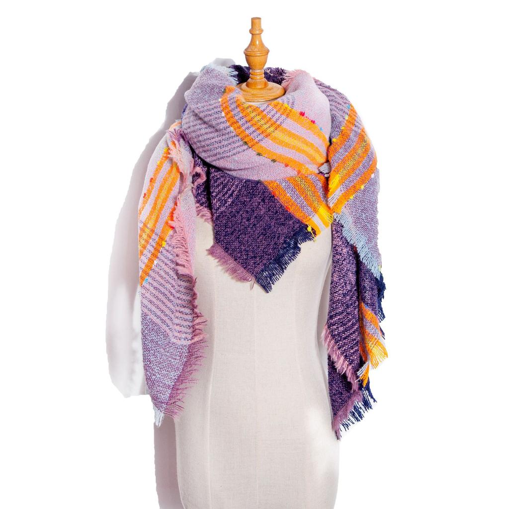 Осенне-зимний шарф с кисточками, женский клетчатый теплый треугольный платок