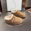 Fashion Lady Winter Shoes Warm Long Fur Inside Fashion Solid Khaki Color Woman Light Footwear Designer Suede Leather Shoes Slip-On Shoes