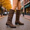 Women's French Style Retro Mid-Chunky Heel Boots, Leopard Print Knee-High Fashion Boots, Plus Size Fall Winter Shoes