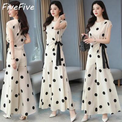 Женский модный шифоновый спортивный костюм, летние широкие брюки в горошек, укороченный топ, комплект из двух предметов для женщин, одежда больших размеров