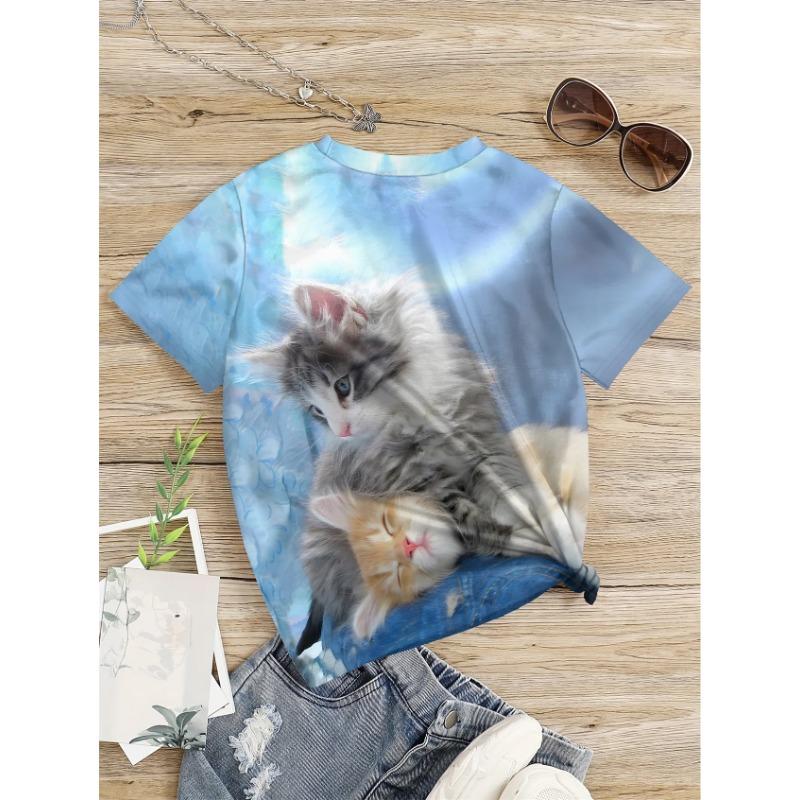 Одежда для девочек, милый котенок с 3D-принтом, синяя футболка, детский топ с круглым вырезом и короткими рукавами