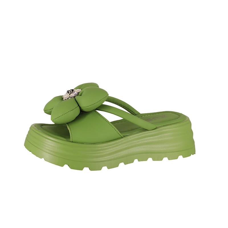 Women's Slippers Flower Platform Sole Rhinestones Shoes Women Dress Outdoor Summer Korean Style 2025 Zapatillas De Mujer