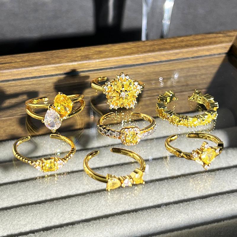 Elegant and fashionable stacking yellow diamonds, gold bright diamonds, personalized opening rings, women's light luxury niche design,