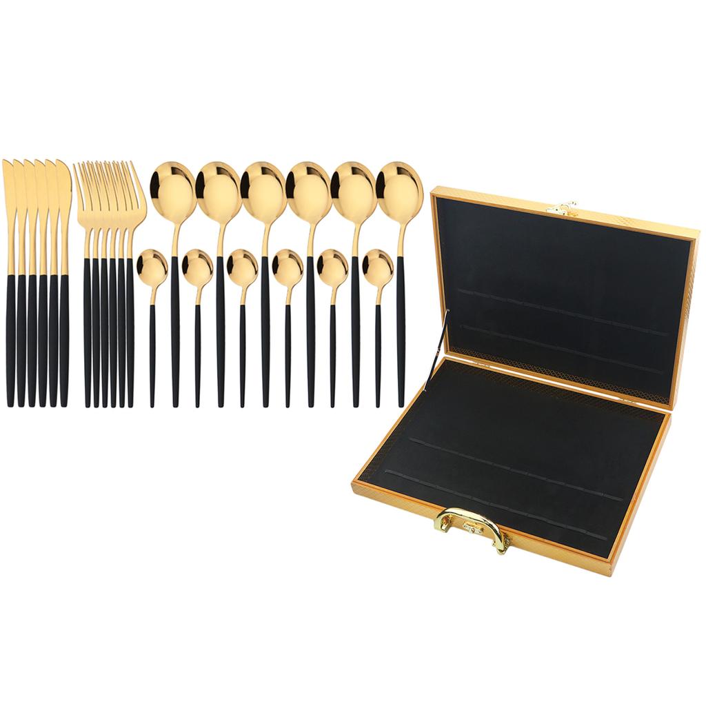 24Pcs Black Gold Dinnerware Set with Box Knives Fork Tea Spoon Cutlery Set Stainless Steel Silverware Tableware Kitchen Flatware