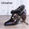 Pumps Women Shoes Genuine Leather High Heels Turned-over Edge Print Handmade Leisure Shoes