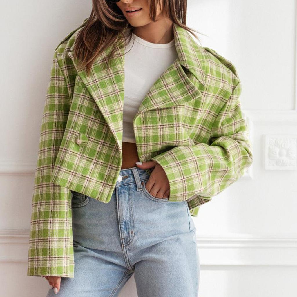 Женский свободный повседневный пиджак с длинными рукавами и клетчатым принтом, модная куртка