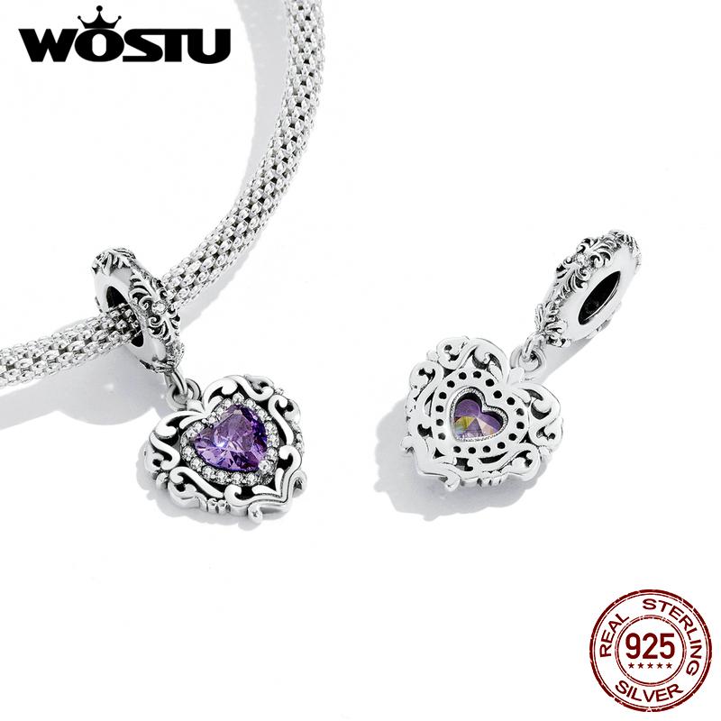 WOSTU Серебро 925 Прозрачные Фиолетовые Сердечки Подвески Цепочка Безопасности Космические Украшения Бусины Подходят к Браслету DIY Браслет Для Женщин