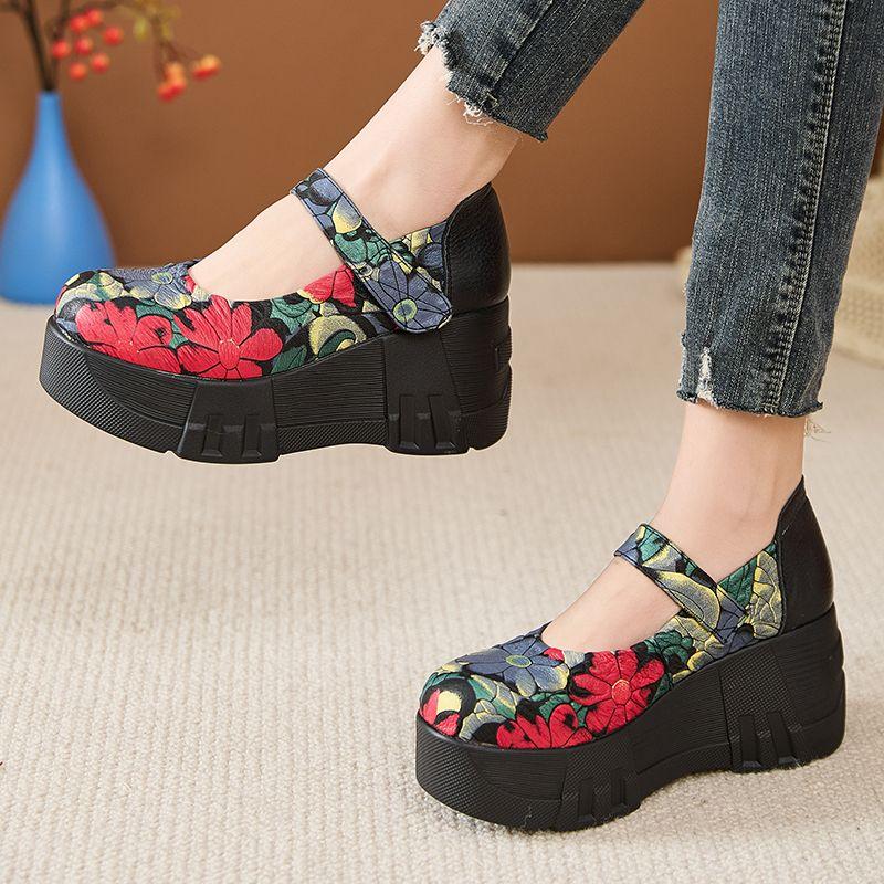 High Quality 7CM Genuine Leather Pigskin Moccasins Ladies Summer Women Thick Soled Flats Platform Wedge Sandals Round Toe Shoes