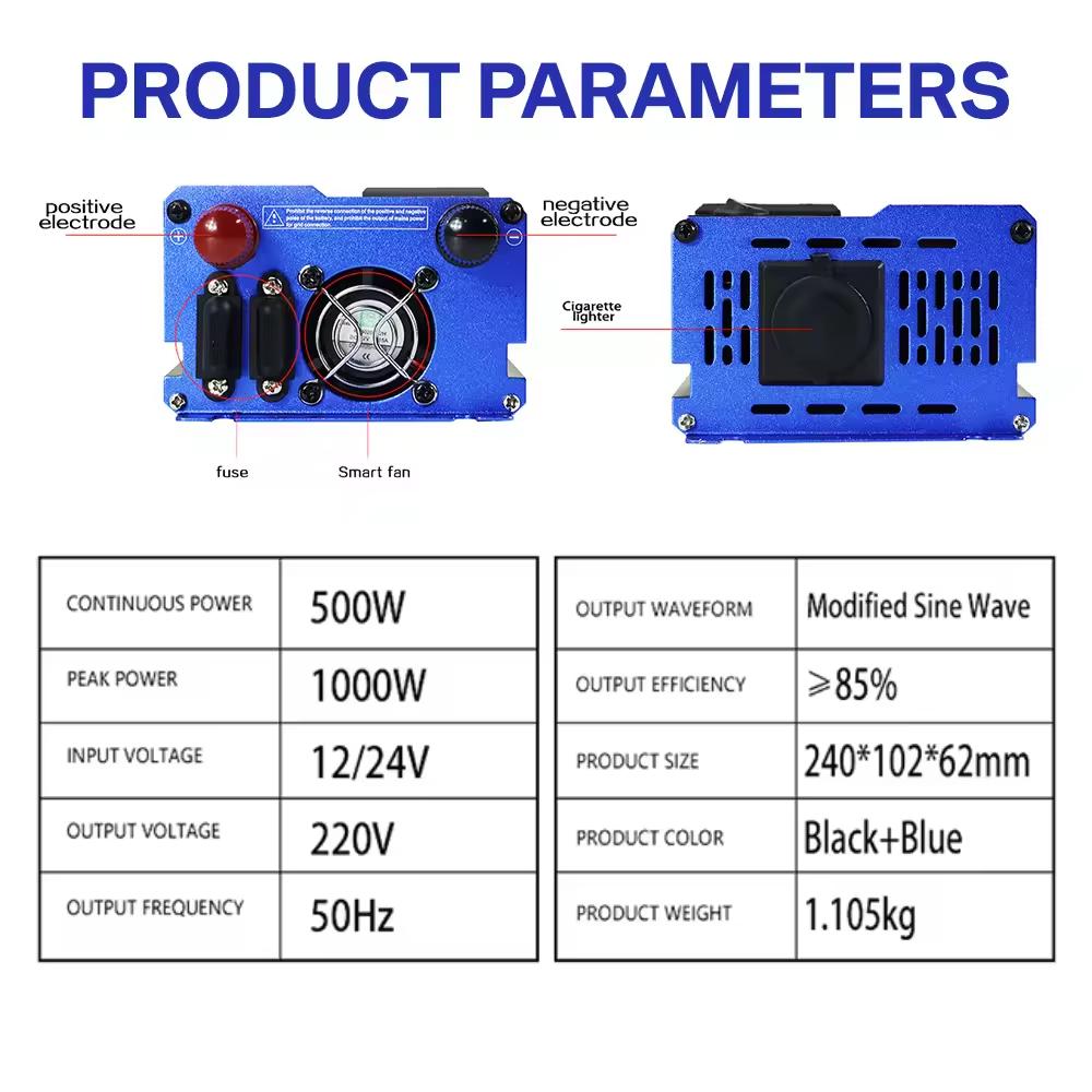 Инвертор DC 12V 24V в AC 110V 220V Чистая синусоида 1000 Вт Преобразователь мощности для автомобильного и моторного использования