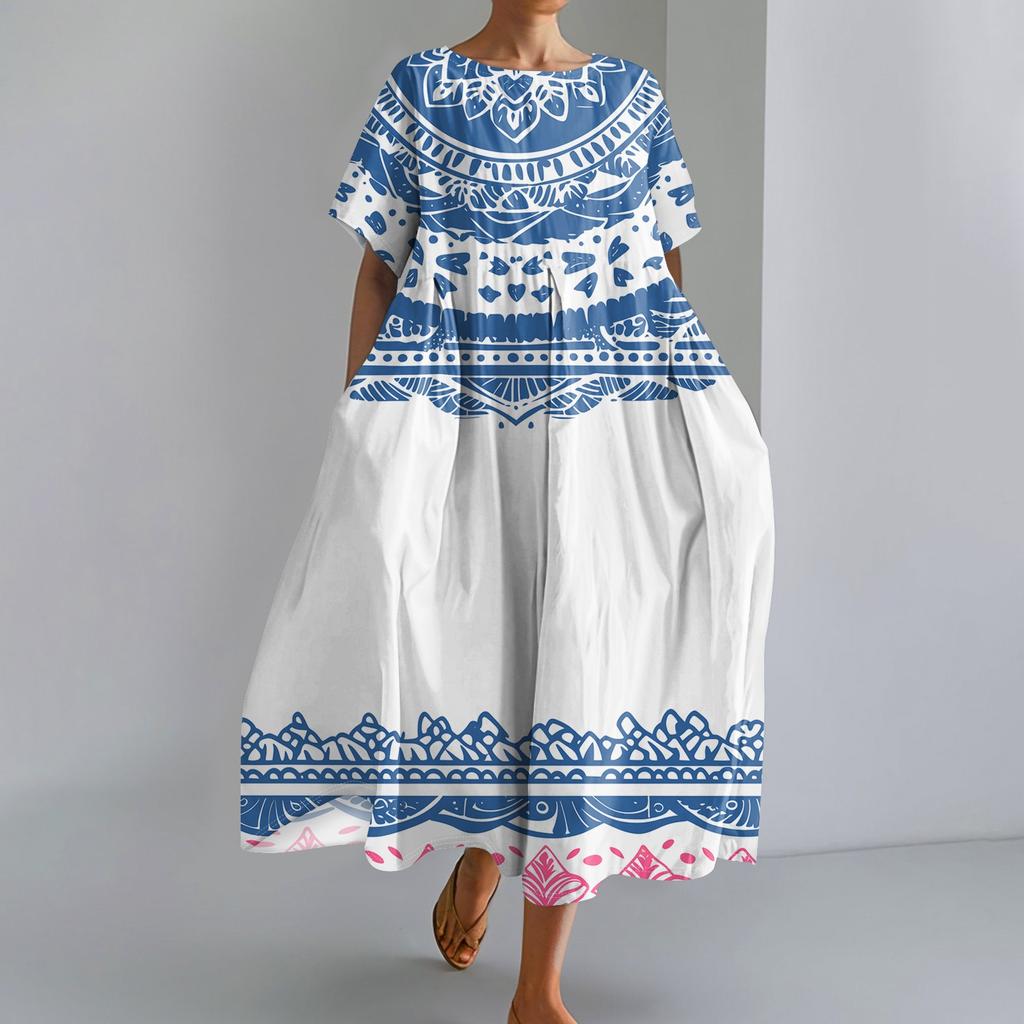 Women's Fashionable Print Round Neck Short Sleeved Loose Hem Pocket Dress